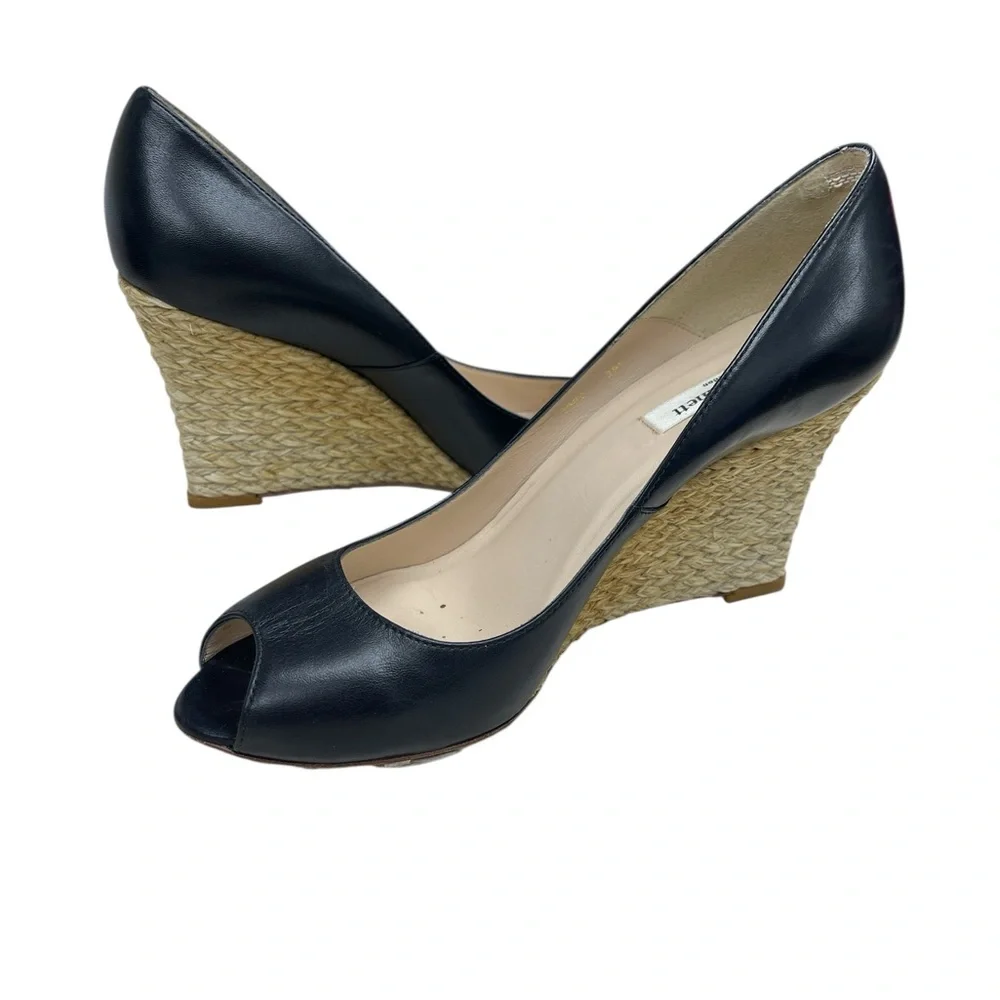 L.K. Bennett Black Leather Peep Toe Wedge Heels
